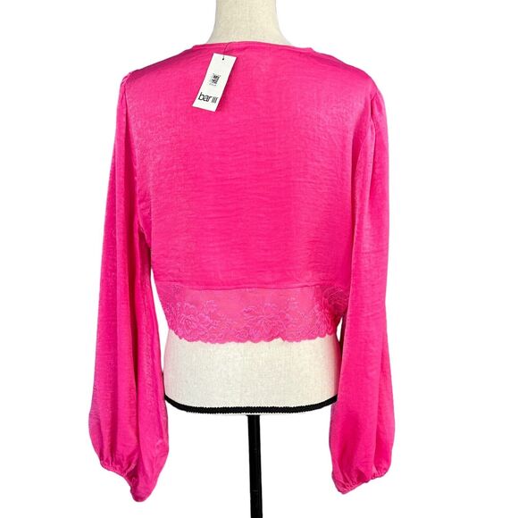 Bar III X-Large Cropped Top Long Balloon Sleeves Lace-Hem Button-Up V-Neck Pink - Picture 6 of 10